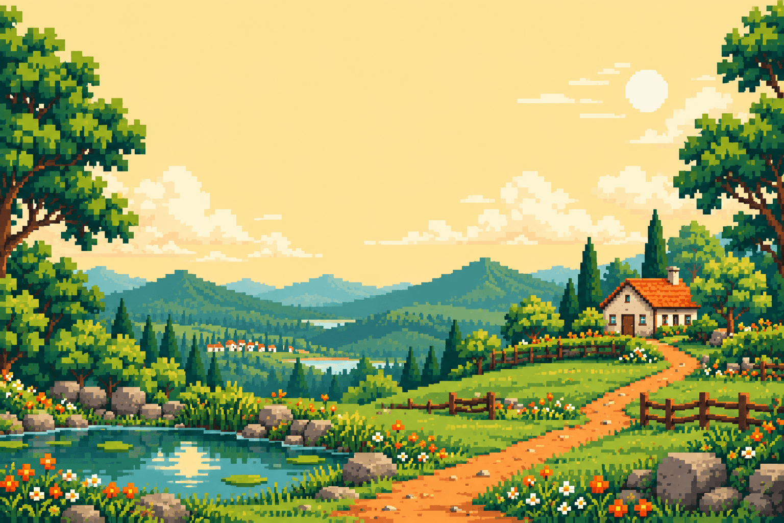 Chunky pixel-art garden with a pond and cottage